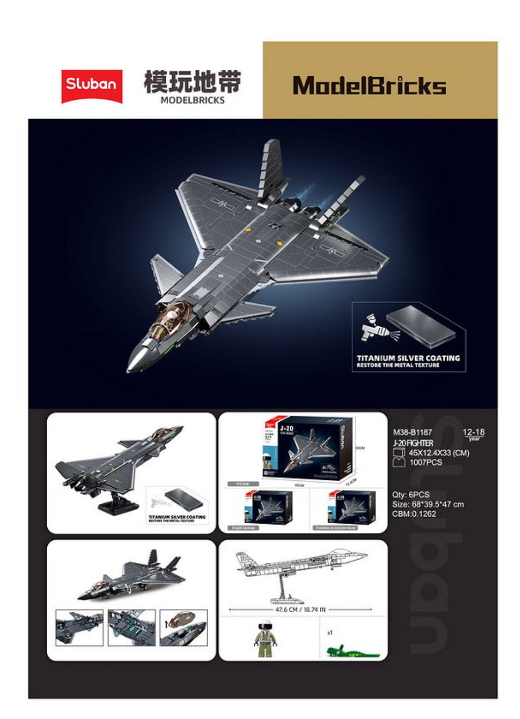 Sluban J20SS Stealth-Flugzeug Metallbeschichtung M38-B1187